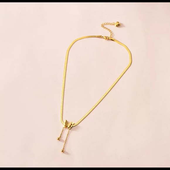 Butterfly Pendant Split Herringbone Gold Necklace - Picture 4 of 6